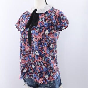 Zara Women's Floral Print Peter‎ Pan Collar Short Sleeve Black Blue Shirt Top XS